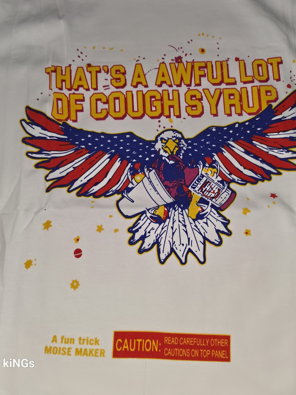 Awful Lot of Cough Syrup (ALOCS) 4th of July Eagle Tee. It is a white short-slee